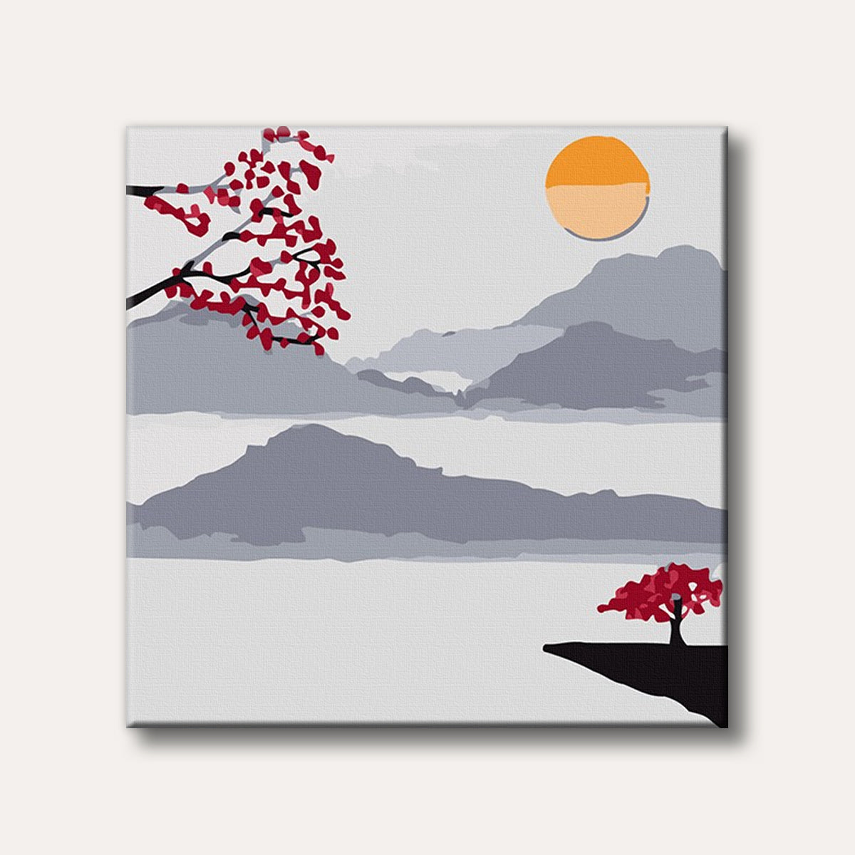 A minimalist landscape painting featuring misty grey mountains, a warm orange sun, and striking red-leafed trees in a serene, stylized composition.