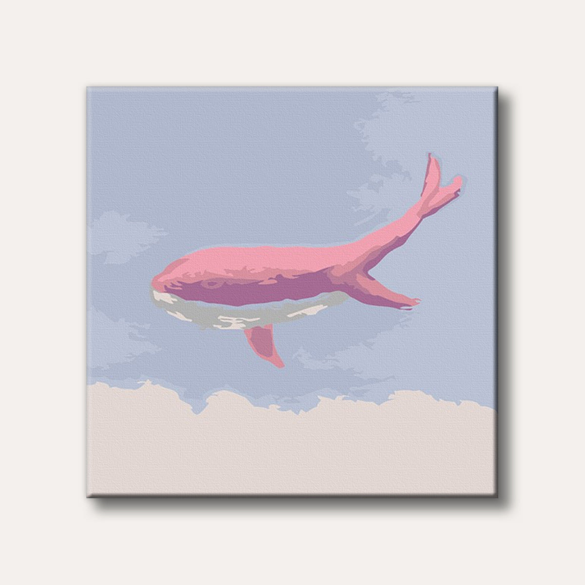 A stylized pink whale floats serenely in a light blue sky with abstract clouds, depicted in a flat, vector art style.