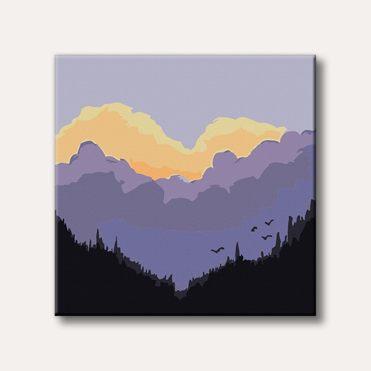 A minimalist landscape painting depicting dark mountain silhouettes against a layered purple and orange twilight sky, with birds flying.