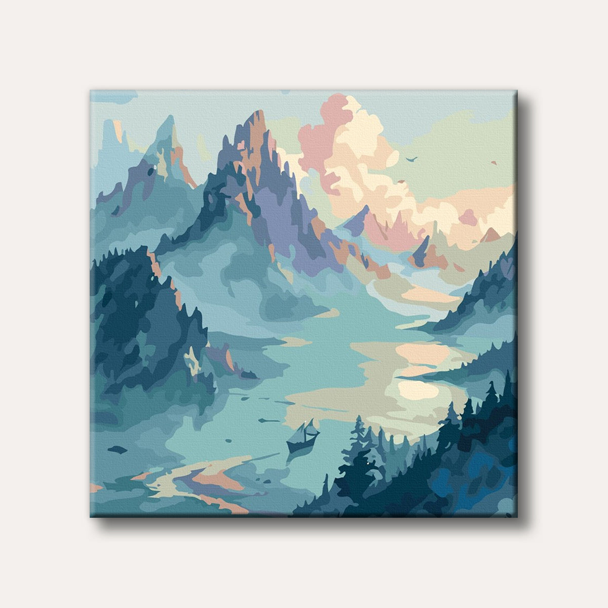 A stylized painting of a vast mountain valley with a winding river and a small boat, rendered in shades of blue, teal, and soft pinks.