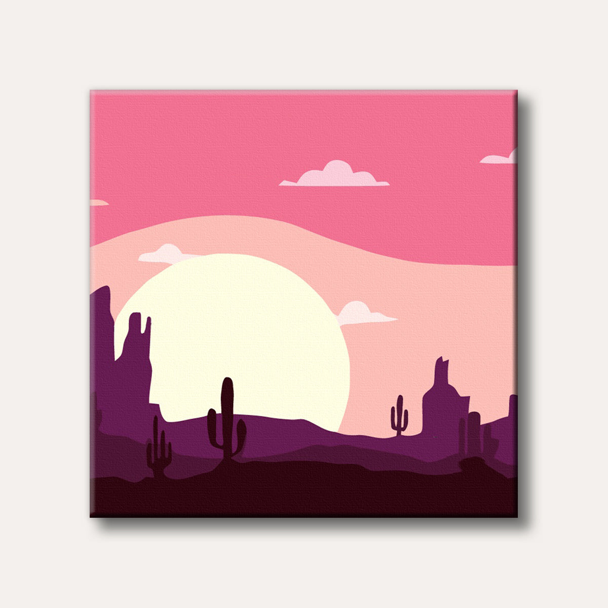 A minimalist and stylized desert landscape featuring dark silhouetted mountains and cacti against a large light yellow sun and a sky painted in shades of pink and purple.