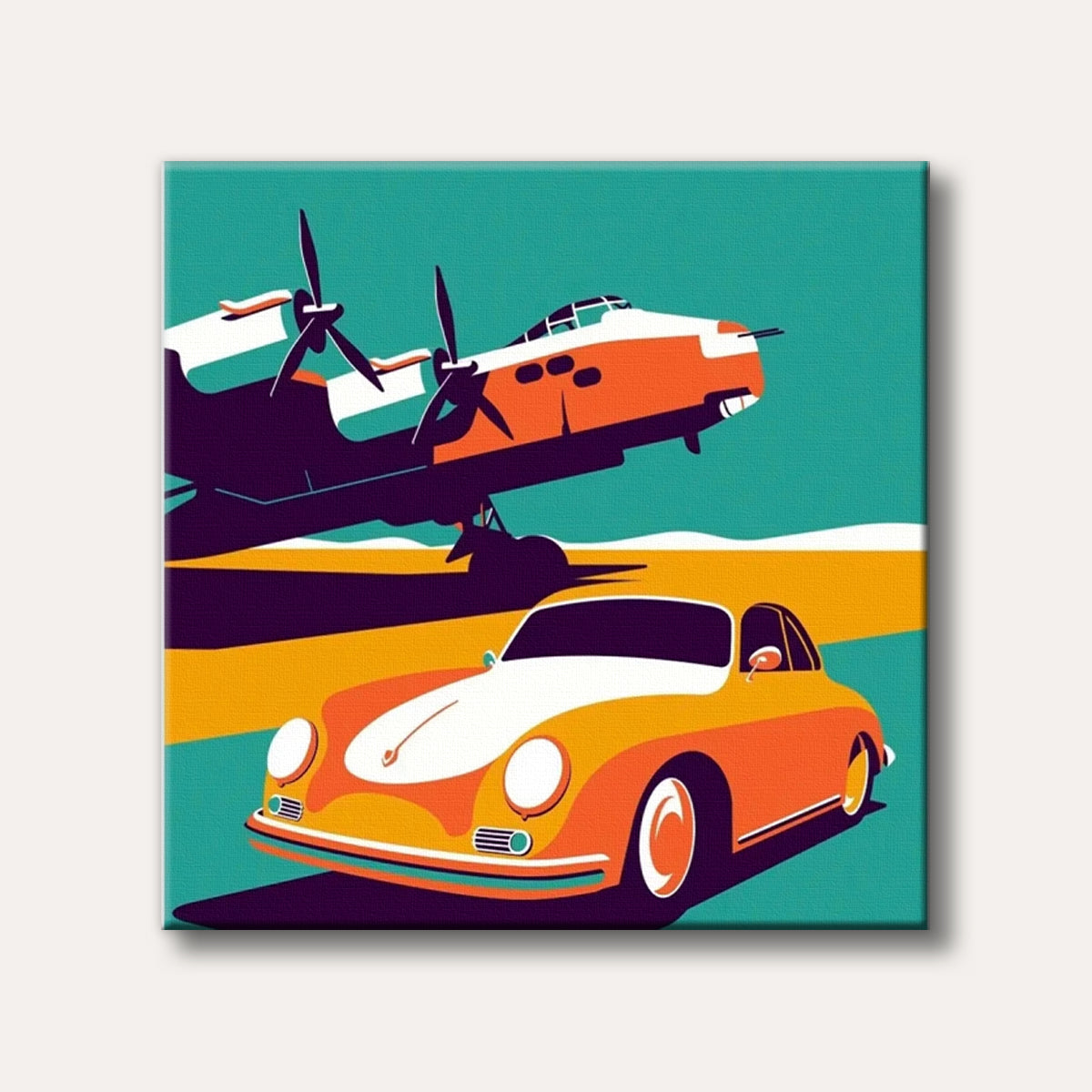 A vibrant pop art illustration depicting an orange vintage sports car and a propeller airplane against a bold teal and yellow backdrop, in a dynamic retro style.
