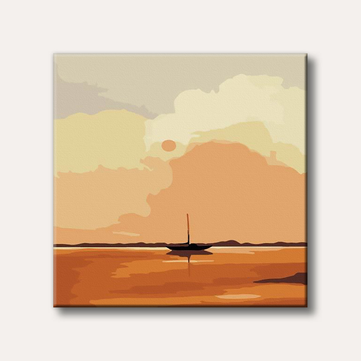 A minimalist painting of a sailboat silhouetted on tranquil water beneath an orange and yellow sunset.
