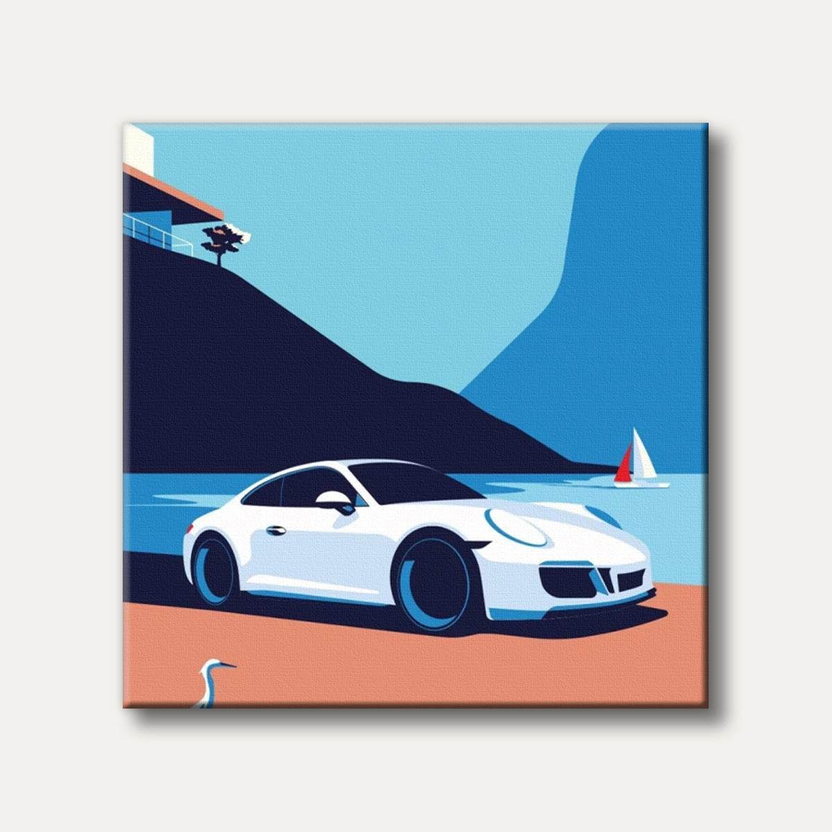 A sleek white sports car is parked on a reddish-orange beach by a calm blue lake, with a modern house on a dark hill and distant mountains, all rendered in a flat, graphic art style.