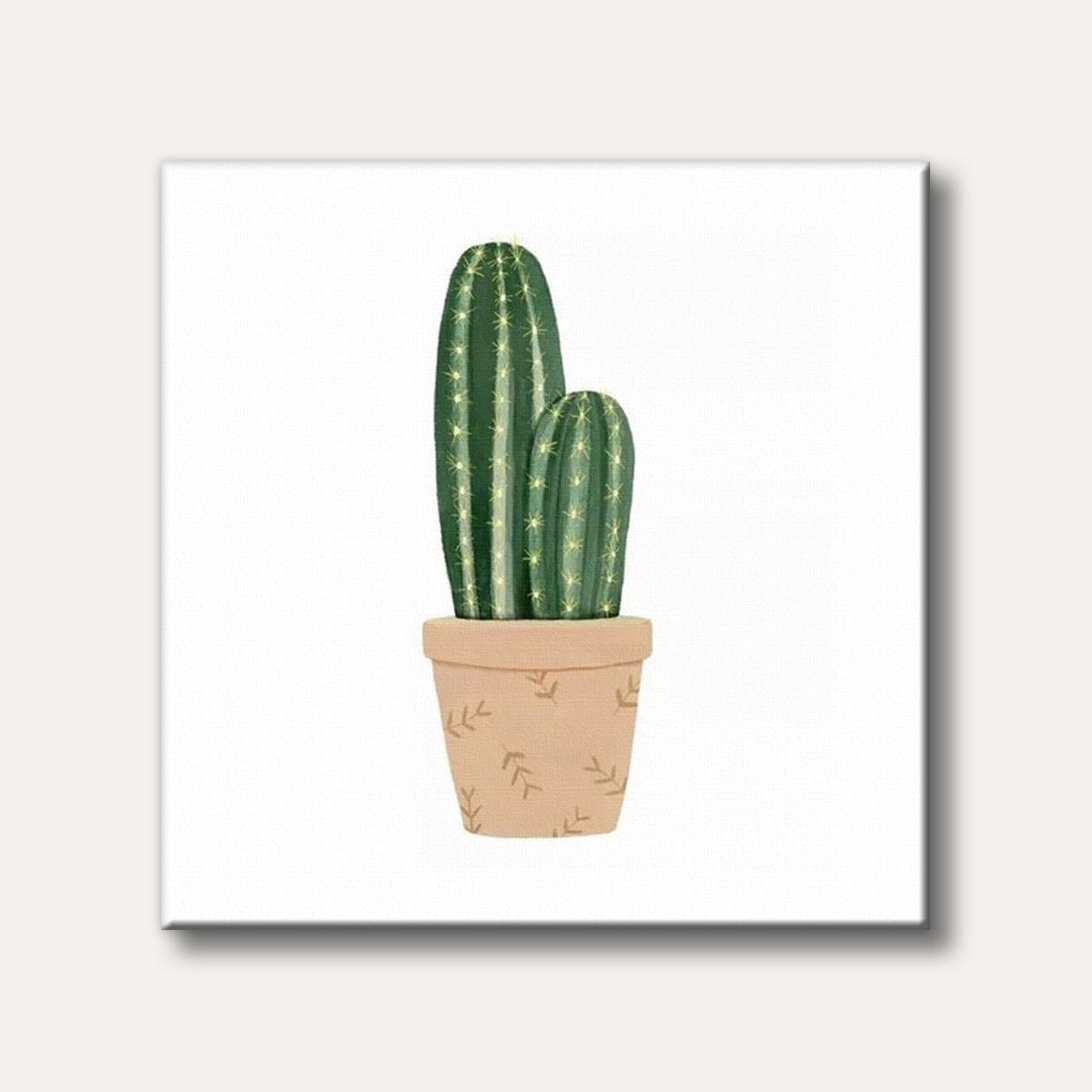 A minimalist digital illustration of two potted green cacti with small yellow spines in a light brown pot patterned with darker brown leaves, set against a white background.