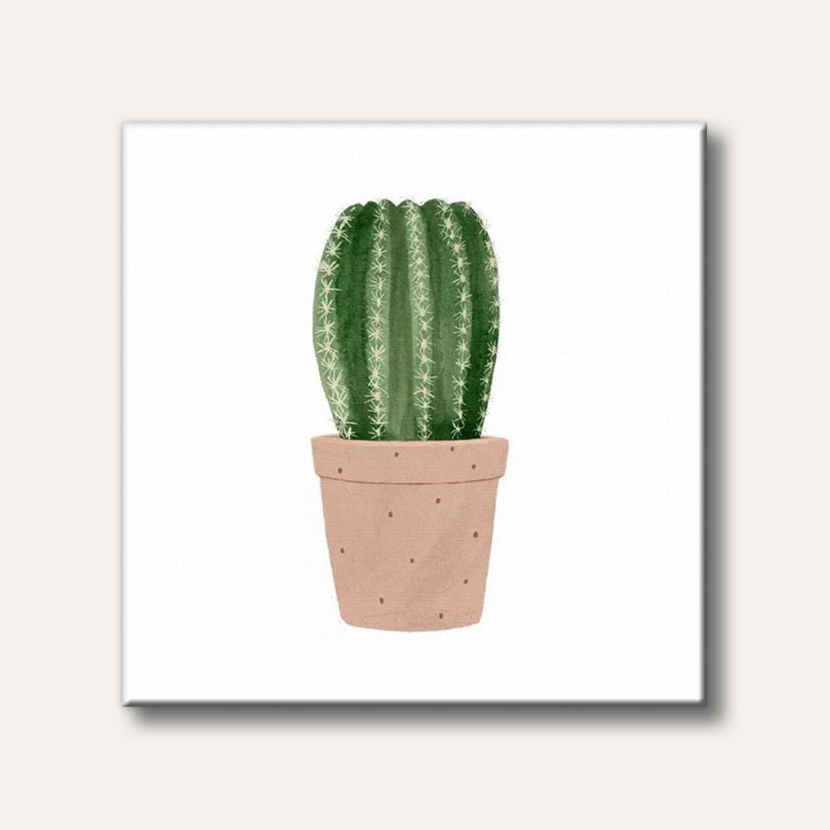 A simple and cheerful illustration of a green cactus with white spines in a light brown, speckled terracotta-style pot set against a clean white background.