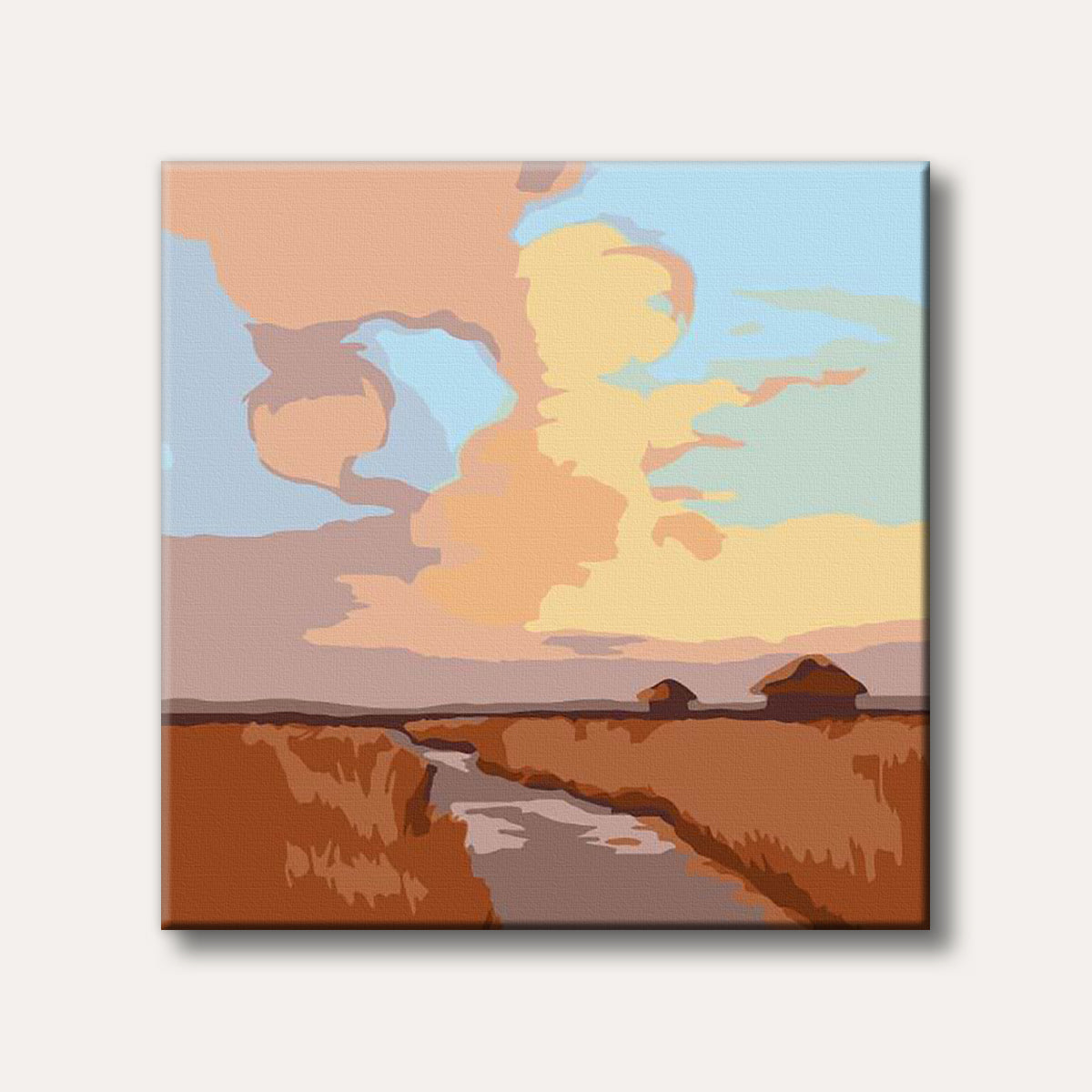 A simplified landscape painting shows a winding river through dry, earthy fields with two small huts under a sky with large, warm-toned clouds, evoking a serene and rustic atmosphere.