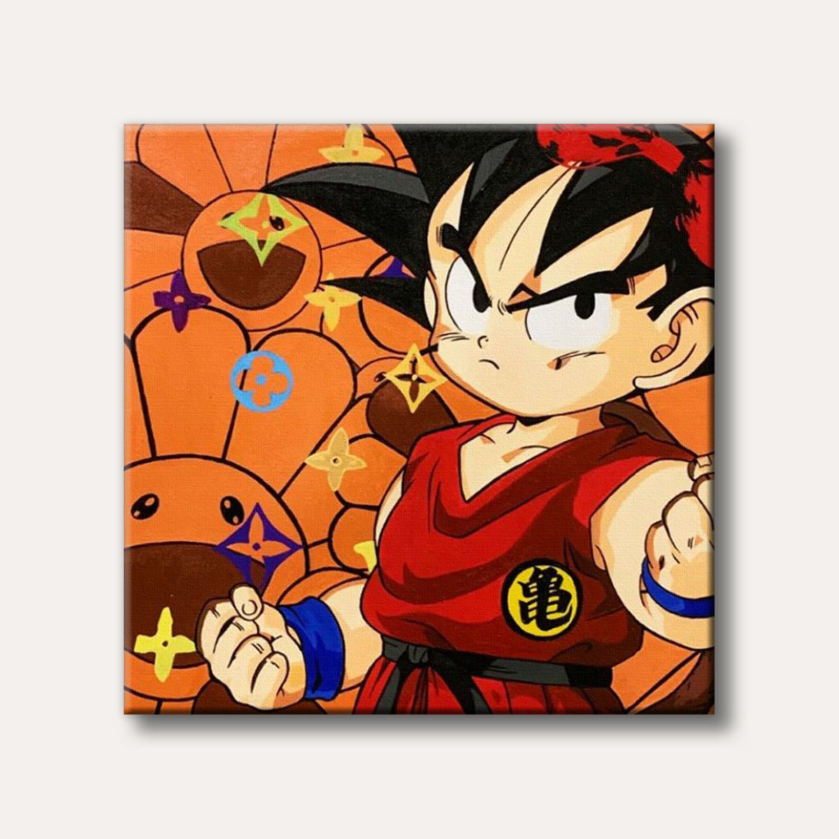 A young Goku from Dragon Ball Z, depicted in a vibrant pop art style with an intense expression, against an orange background featuring stylized patterns and luxury brand inspired motifs.