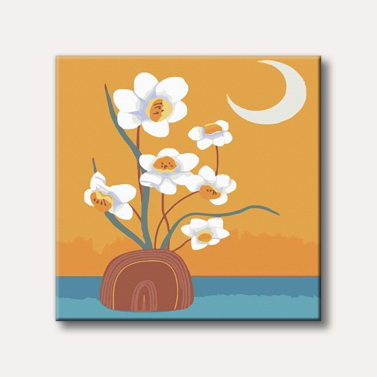 A stylized illustration of white daffodils in a brown vase under a crescent moon, set against a warm orange and blue background in a flat, minimalist style.