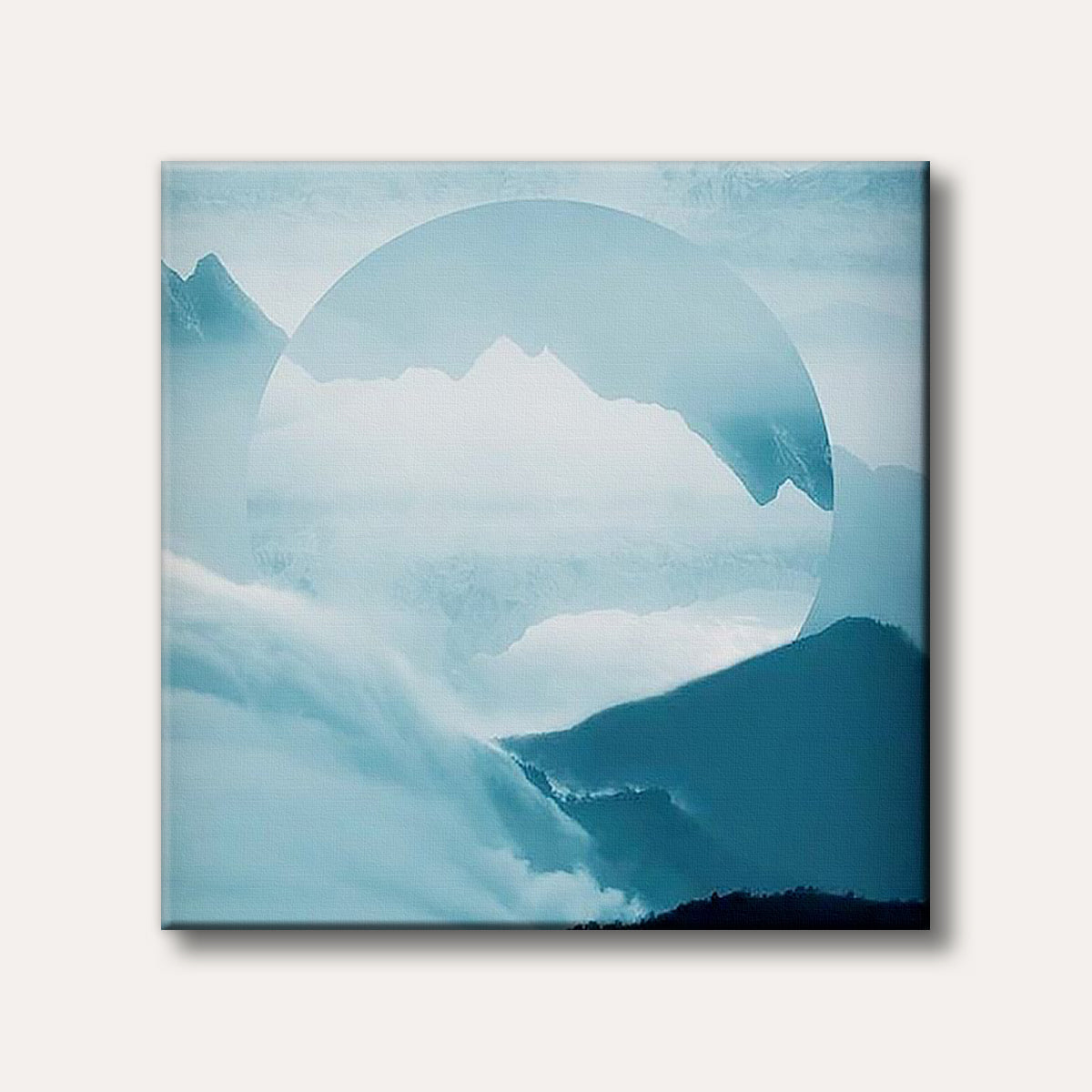 An ethereal blue-toned mountain landscape painting featuring layers of mist and a circular cutout revealing more distant peaks, rendered in a tranquil, abstract style.