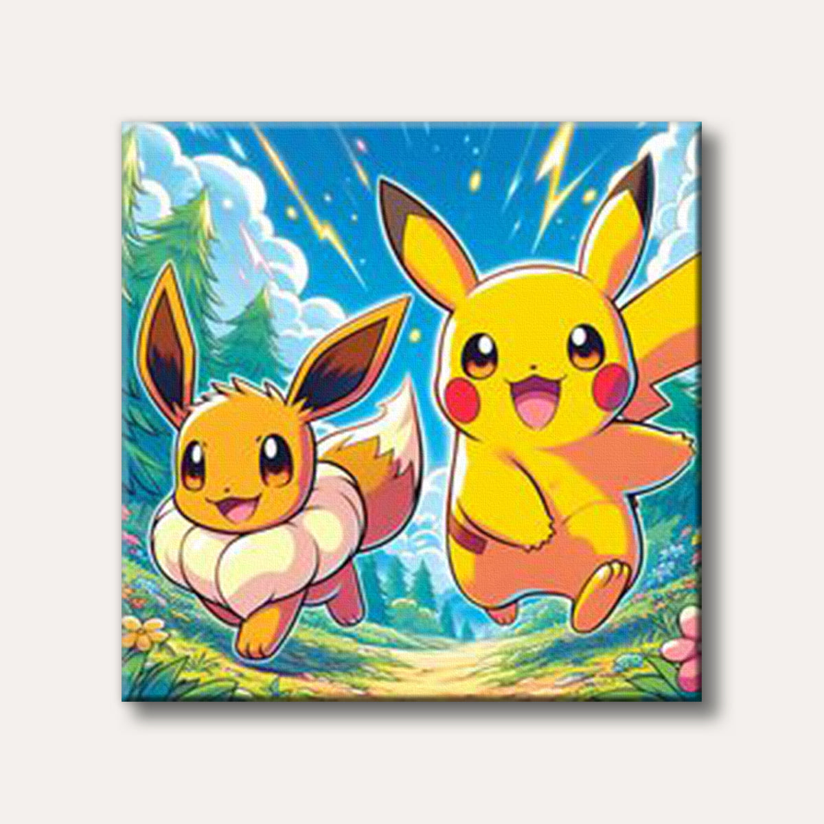Two cheerful Pokemon, Pikachu and Eevee, running through a vibrant, cartoon-style forest path under a blue sky, depicted in a playful anime art style.