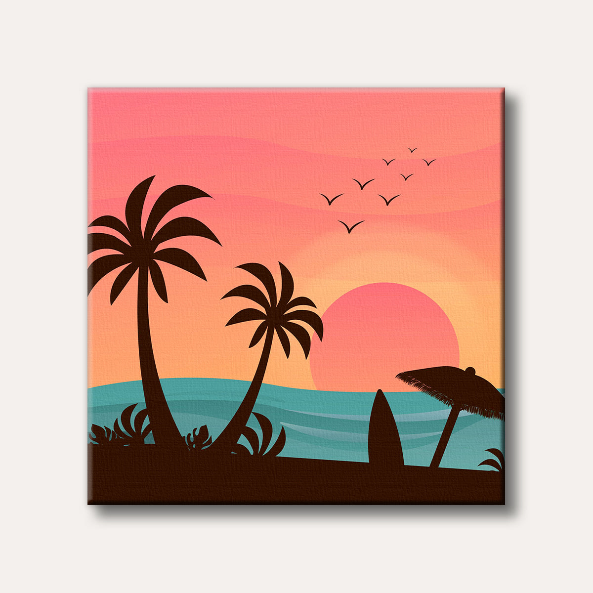 A vibrant, stylized illustration of a tropical beach at sunset, featuring palm tree and surfboard silhouettes against a colourful orange and pink sky.