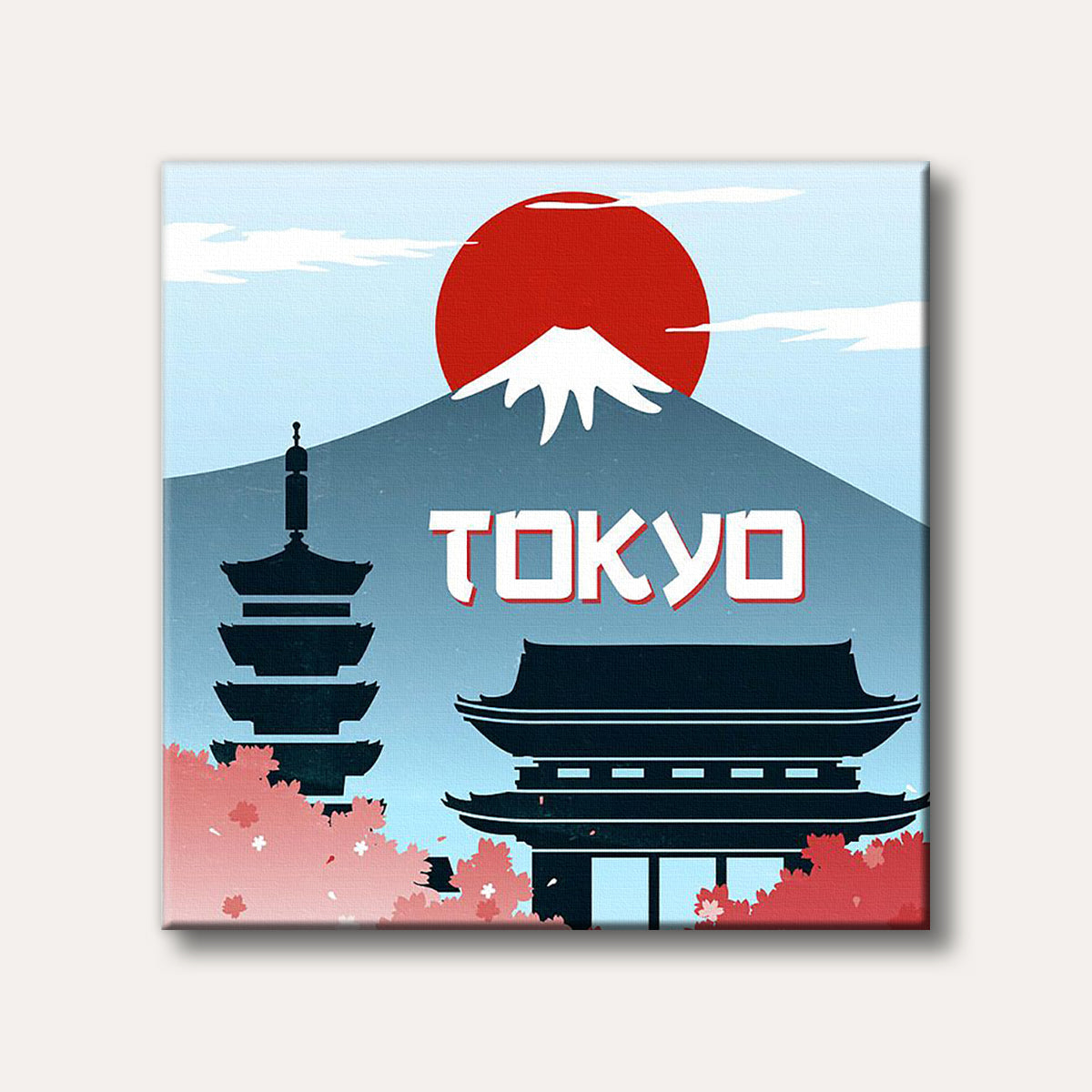 A minimalist graphic art illustration of Mount Fuji and Tokyo landmarks, including a pagoda and temple gate, with vibrant red cherry blossoms and a bold red sun in a clear blue sky.