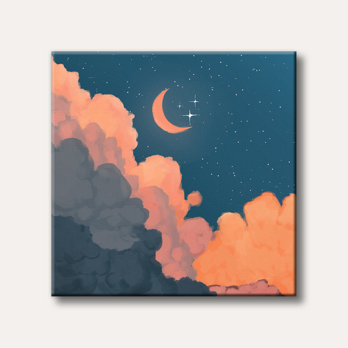 A stylized painting depicting a teal night sky with a glowing orange crescent moon and stars, surrounded by fluffy orange and dark grey clouds.