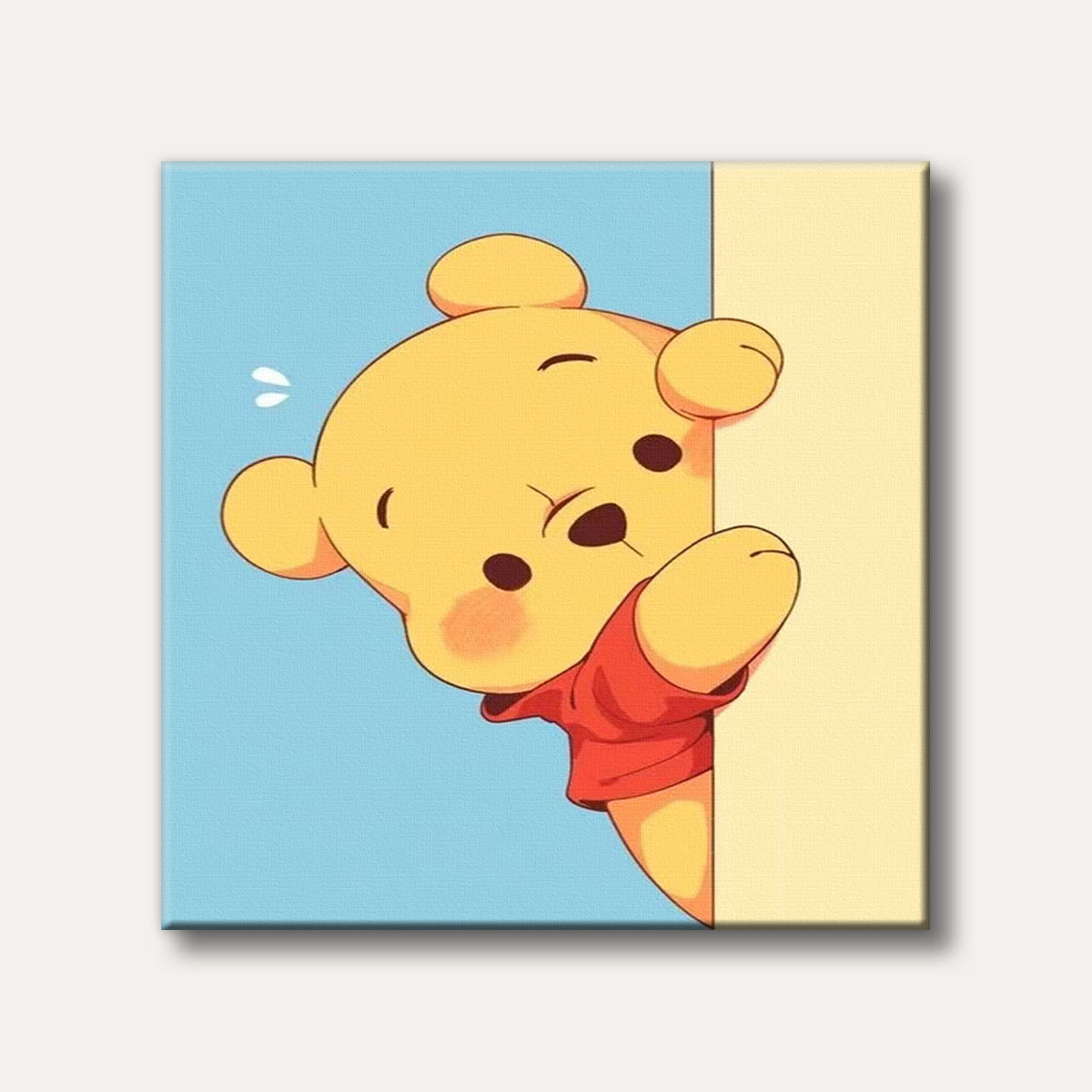 A cute, cartoon-style Winnie the Pooh character peeking shyly from behind a light yellow wall, set against a light blue background.