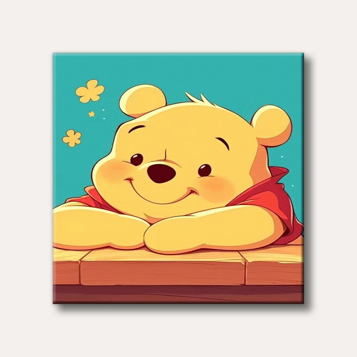 A cheerful, brightly coloured cartoon illustration of Winnie the Pooh smiling and resting his head on a wooden surface, set against a teal background with yellow flowers.