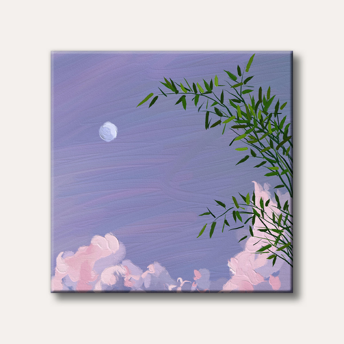 A serene painting of green bamboo branches against a lavender sky with a white moon and soft pink clouds, rendered with visible brushstrokes.