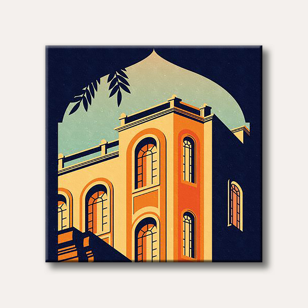 A graphic art illustration of a yellow and orange building with arched windows, seen through a dark archway with leaves, under a light blue sky.