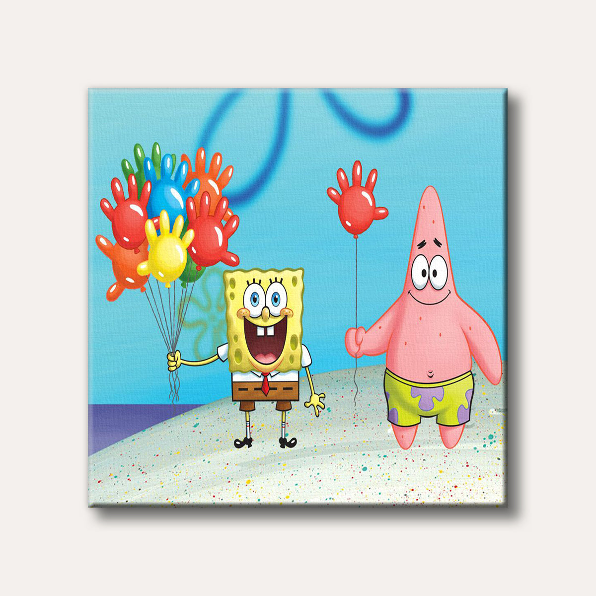Spongebob Squarepants and Patrick Star hold colourful hand-shaped balloons on a sandy ocean floor under blue water, depicted in a vibrant cartoon style.