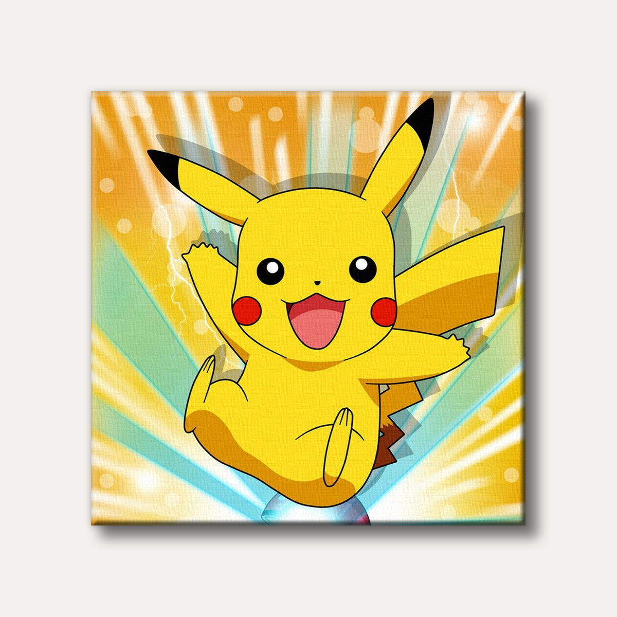 A cheerful Pikachu character with its arms raised, surrounded by bright yellow and blue electric auras and lightning bolts, depicted in a vibrant cartoon style.