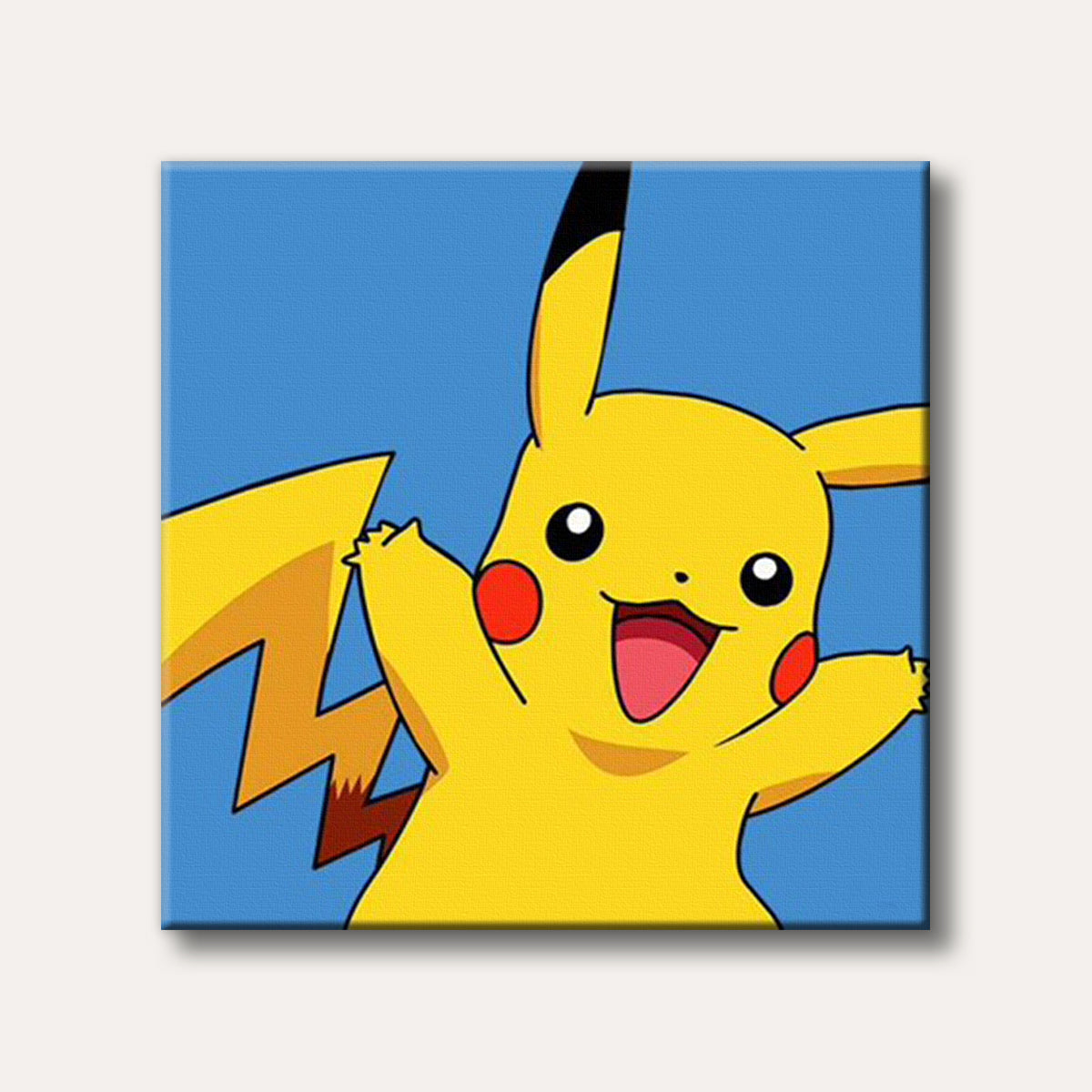 A joyful yellow Pikachu with black-tipped ears and red cheeks, smiling widely with arms raised against a bright blue background in a vibrant cartoon style.