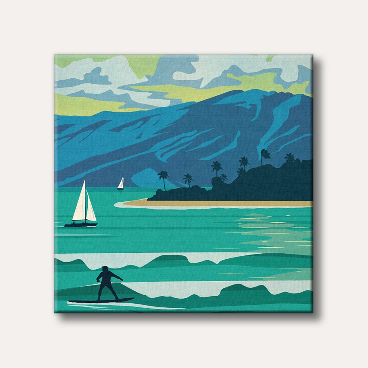 A vibrant graphic art illustration depicting a surfer riding waves on a clear teal ocean with sailboats, an island with palm trees, and large blue mountains under a yellow-green sky.