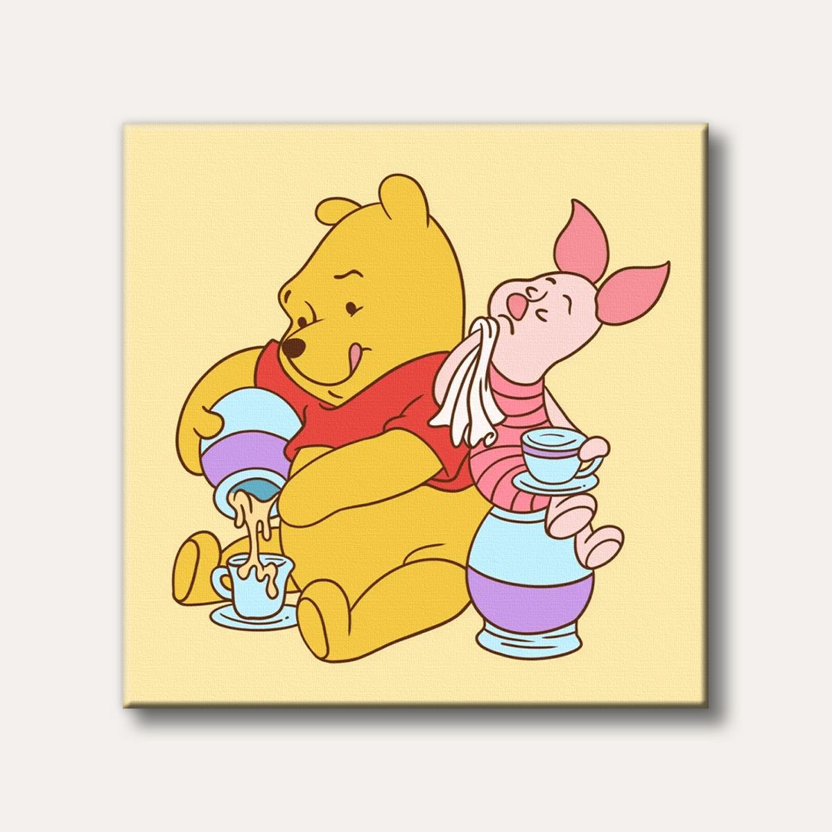 A minimalist cartoon illustration featuring Winnie the Pooh pouring honey from a pot into a small cup, while Piglet, with a tea cup balanced nearby, wipes his mouth with a napkin. The characters are depicted in their classic, cheerful style on a plain yellow background.