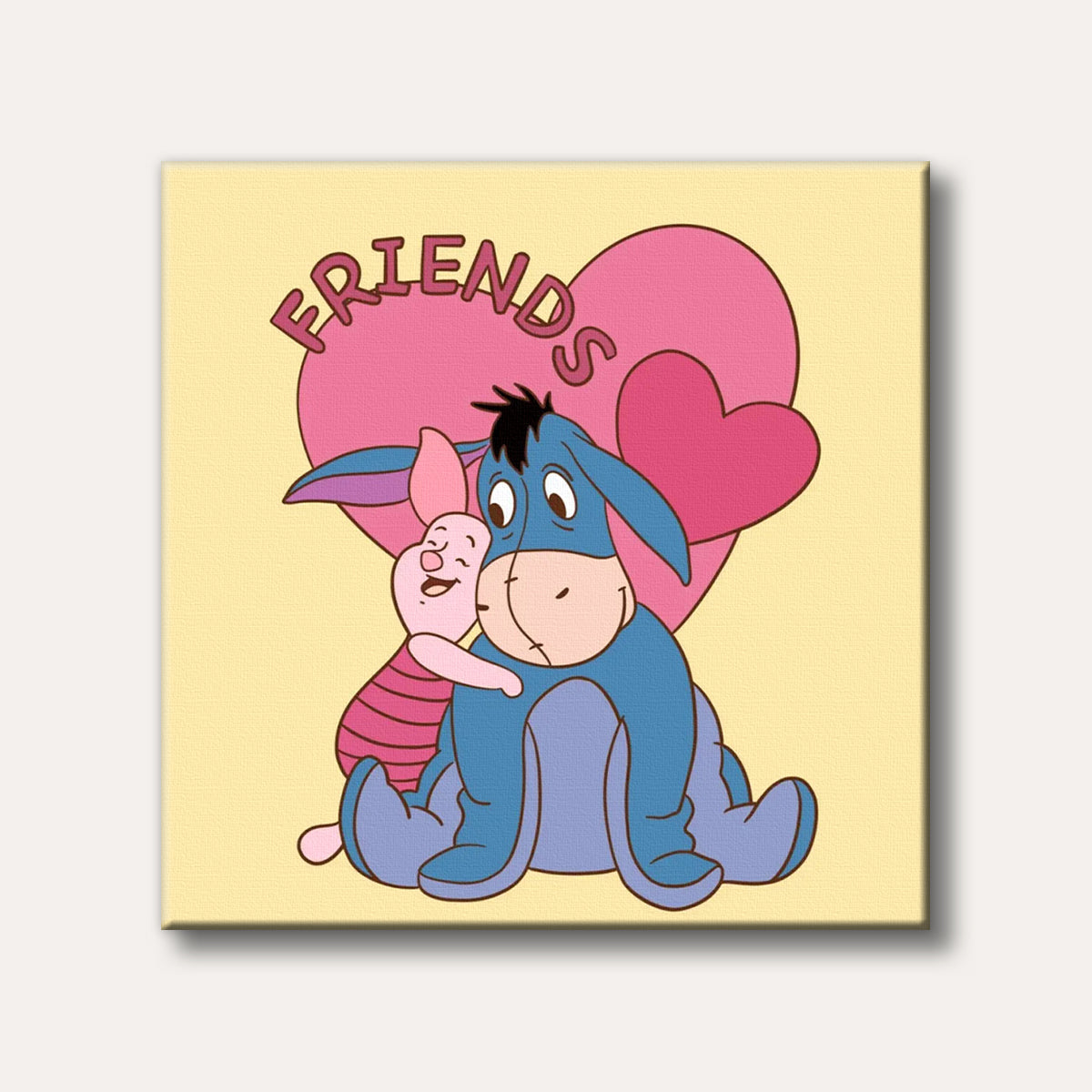 A cute cartoon illustration showing Piglet hugging Eeyore, with pink hearts and the word 'FRIENDS' above them, all on a light yellow background.