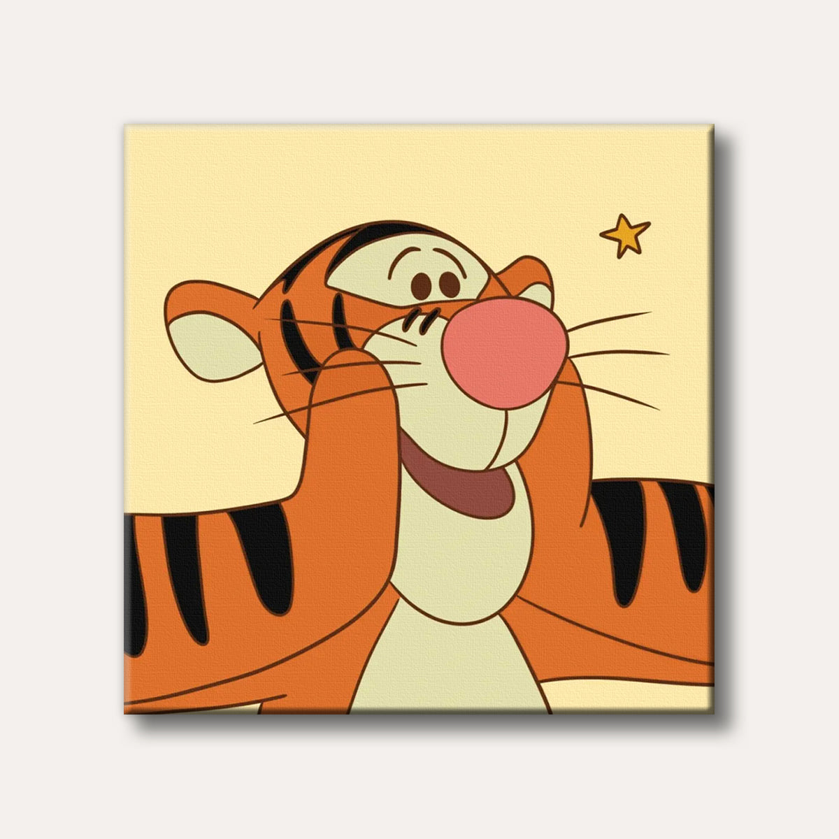 A colourful cartoon illustration of Tigger from Winnie the Pooh looking happily surprised, with his paws raised to his face and a small star floating above, set against a light yellow background.