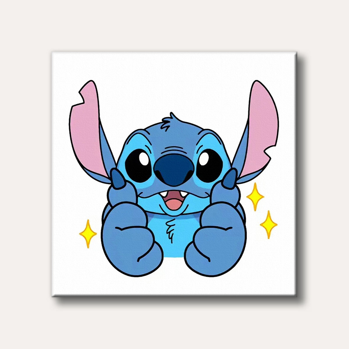 A happy blue cartoon alien character with large ears and a wide smile is shown holding its hands up, surrounded by bright yellow star sparkles, rendered in a simple, vibrant animated style.