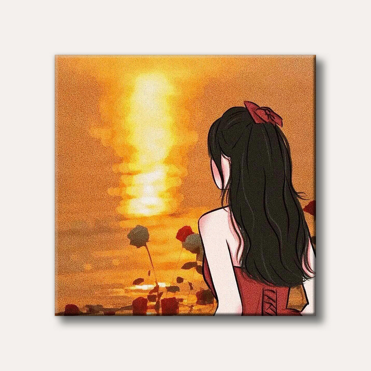An anime-style illustration of a girl with long dark hair and a red bow, seen from behind, gazing at a vibrant golden sunset over shimmering water with red roses in the foreground, conveying a peaceful mood.