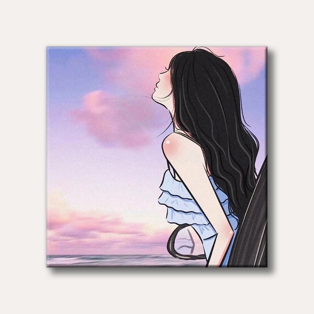 A young woman with long dark hair gazes pensively out of a car window at a pastel-hued sky over the ocean, depicted in a modern illustration style.