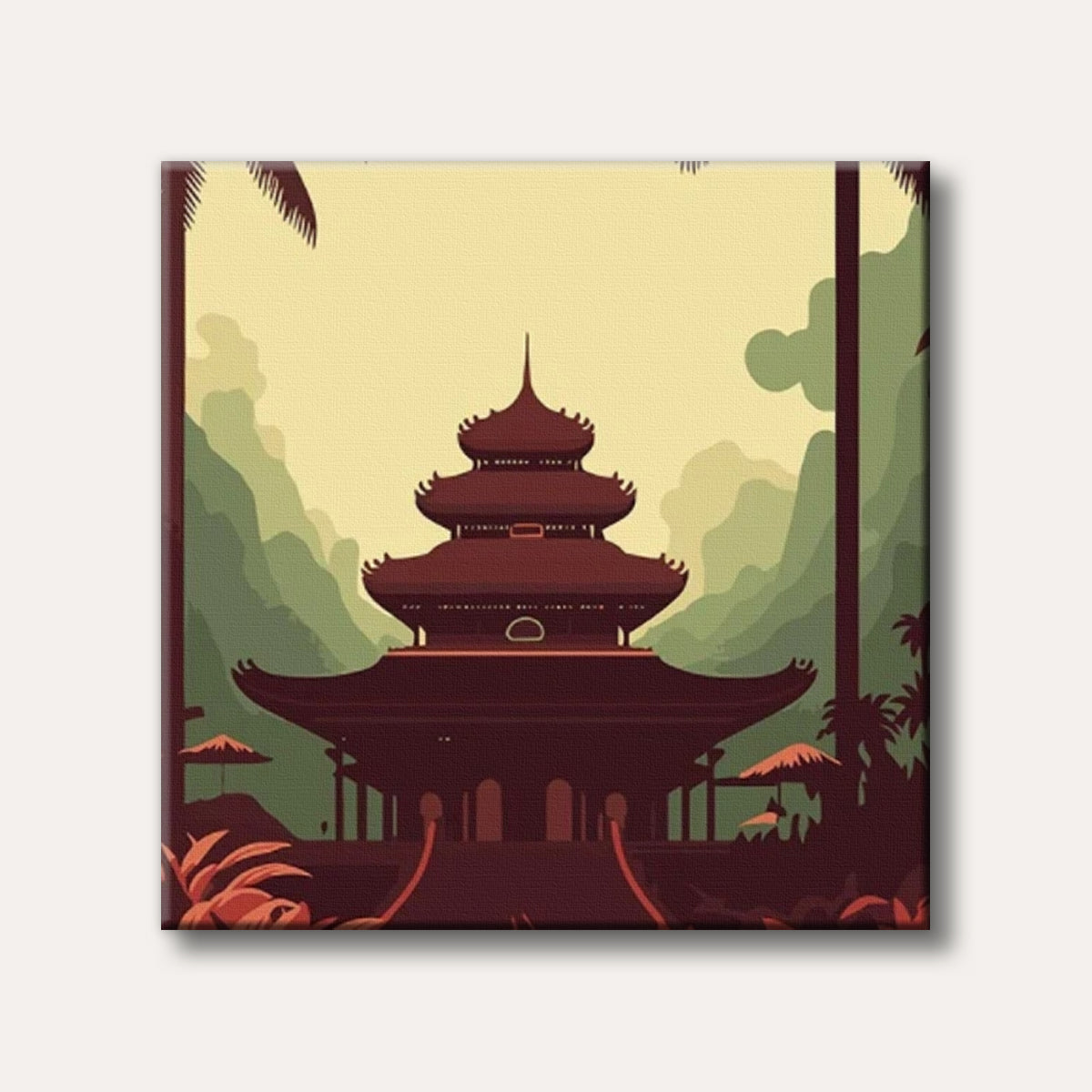 A multi-tiered traditional Asian temple with a pagoda roof, surrounded by lush green mountains and tropical foliage, rendered in a flat, stylized art style with warm, earthy tones, conveying a serene atmosphere.