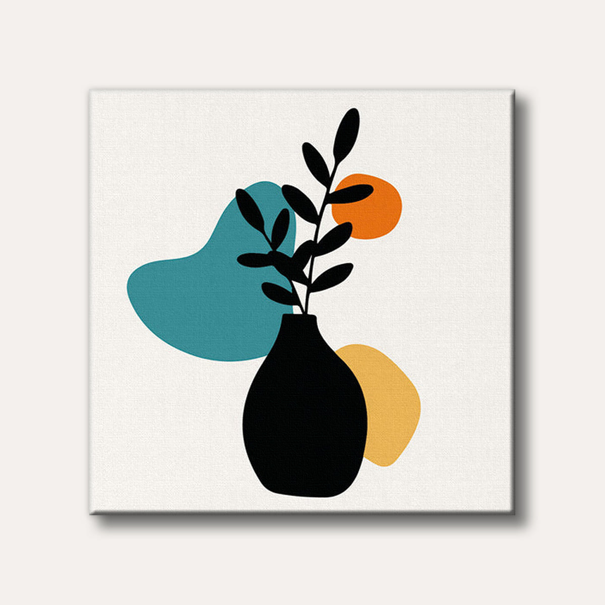 A minimalist abstract illustration featuring a black vase holding a plant branch, set against organic shapes in teal, orange, and yellow on a light background.