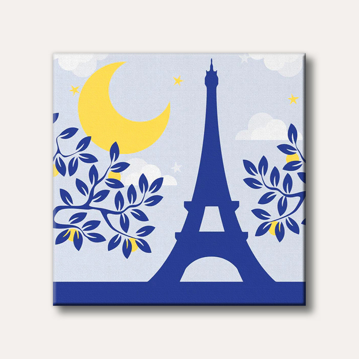 A graphic art depiction of the Eiffel Tower silhouette at night with a bright yellow crescent moon, stars, and dark blue leafy branches against a light blue sky.