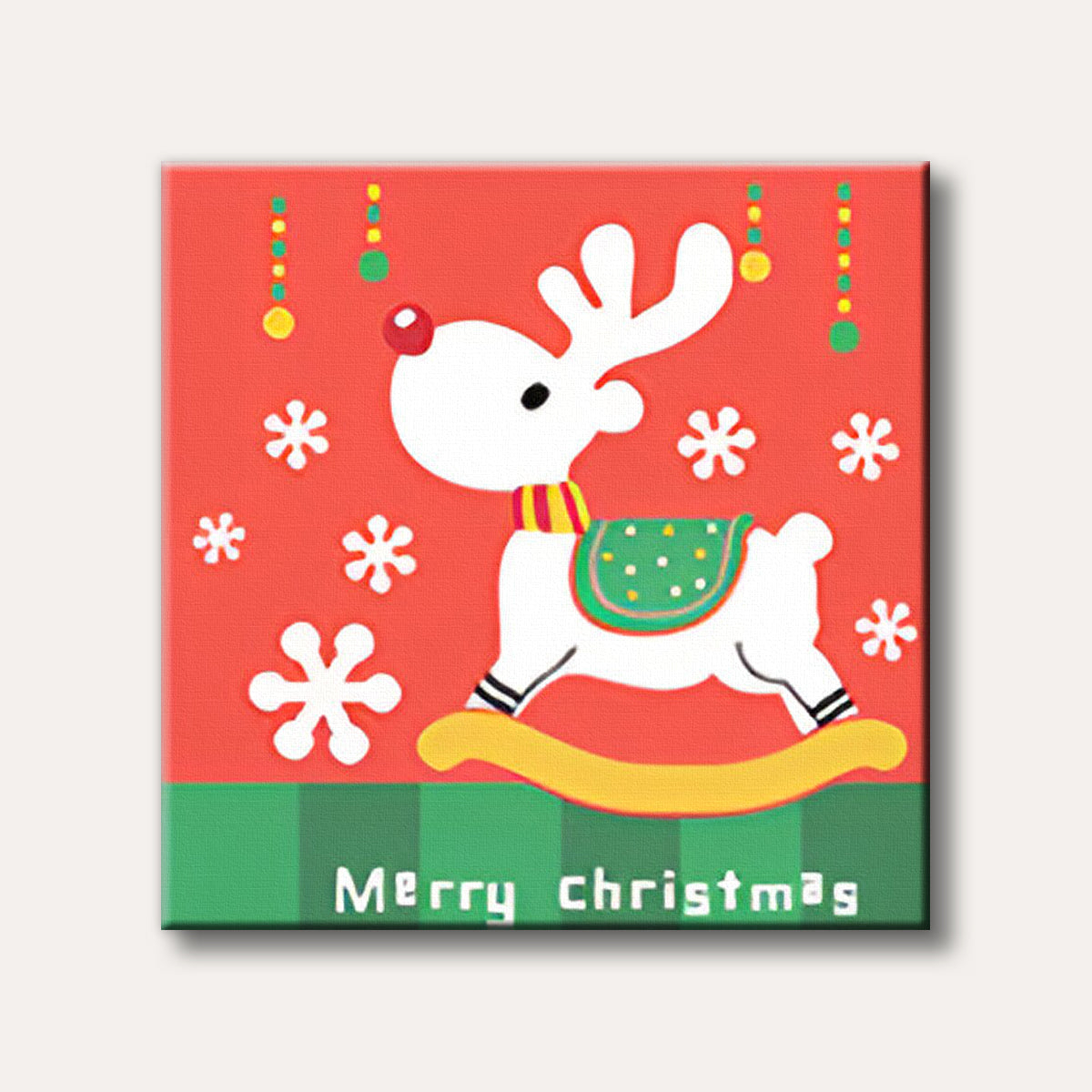 A cute white rocking reindeer with a red nose and striped scarf on a vibrant red background with white snowflakes, depicting a cheerful holiday scene in a simple, cartoon-like style.