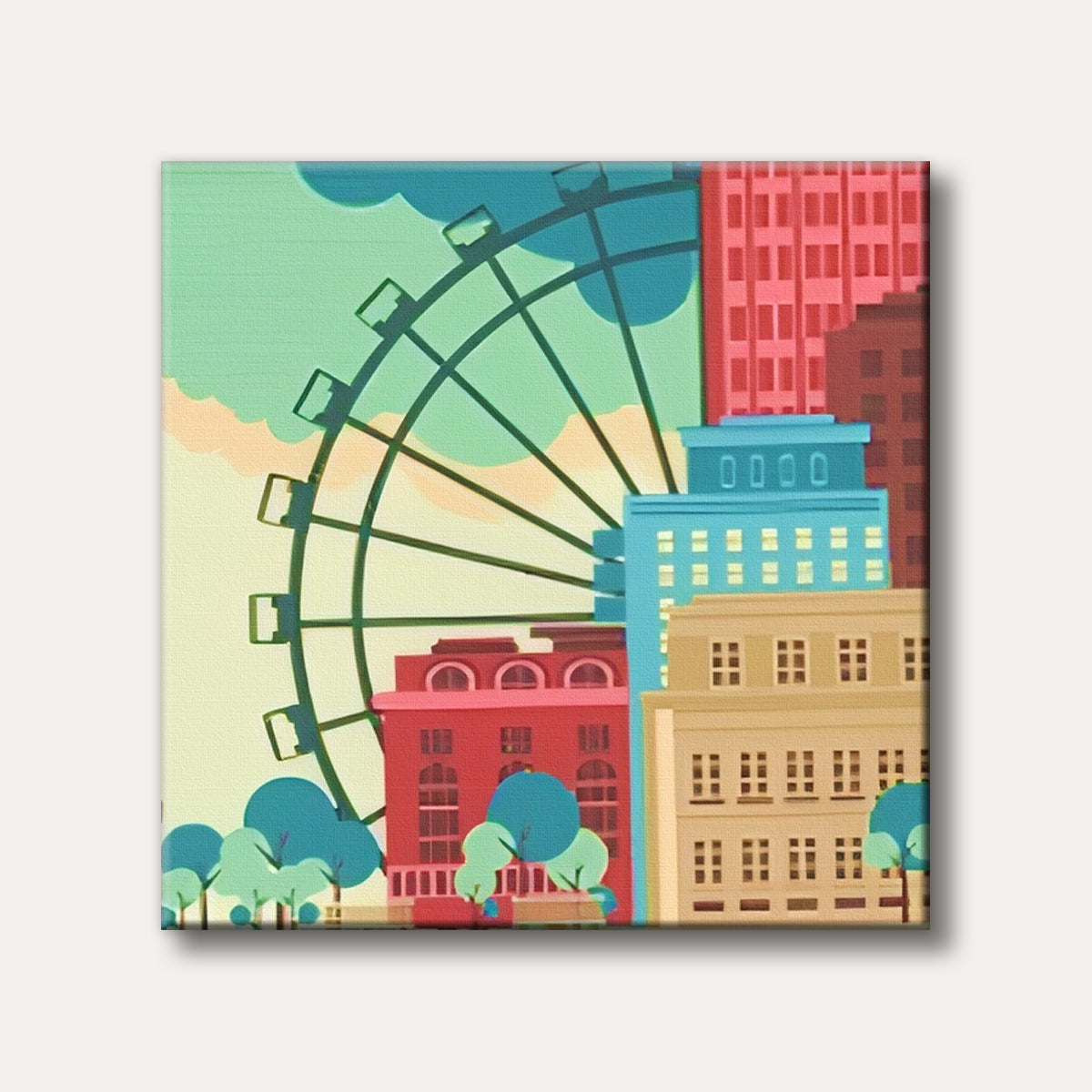 A stylized city skyline with a large Ferris wheel under a bright, cloud-filled sky, depicted in a flat, graphic art style.