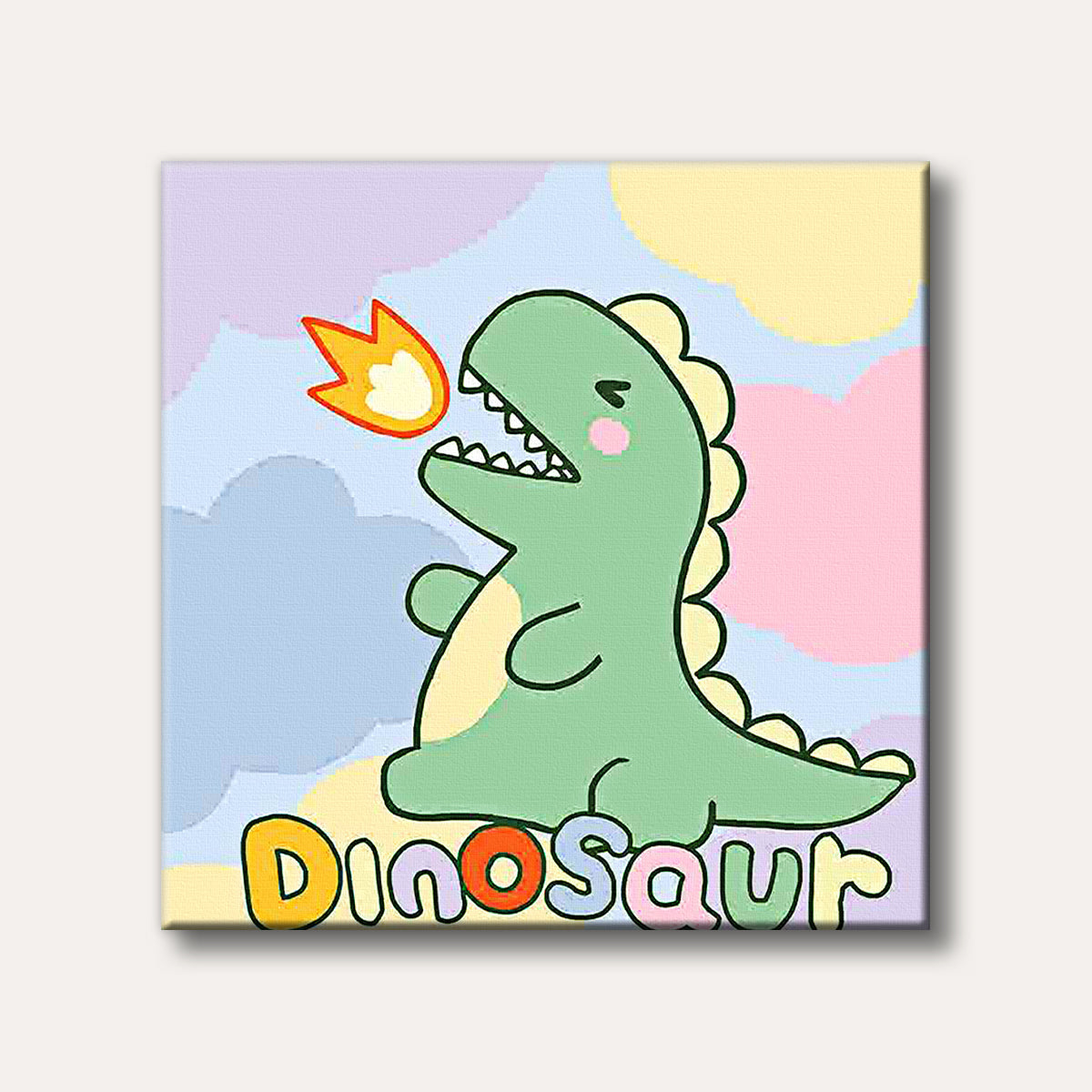 A cute cartoon green dinosaur with pink cheeks and large teeth exhaling a small, stylized flame, against a soft pastel background with a multi-coloured 'Dinosaur' text at the bottom.