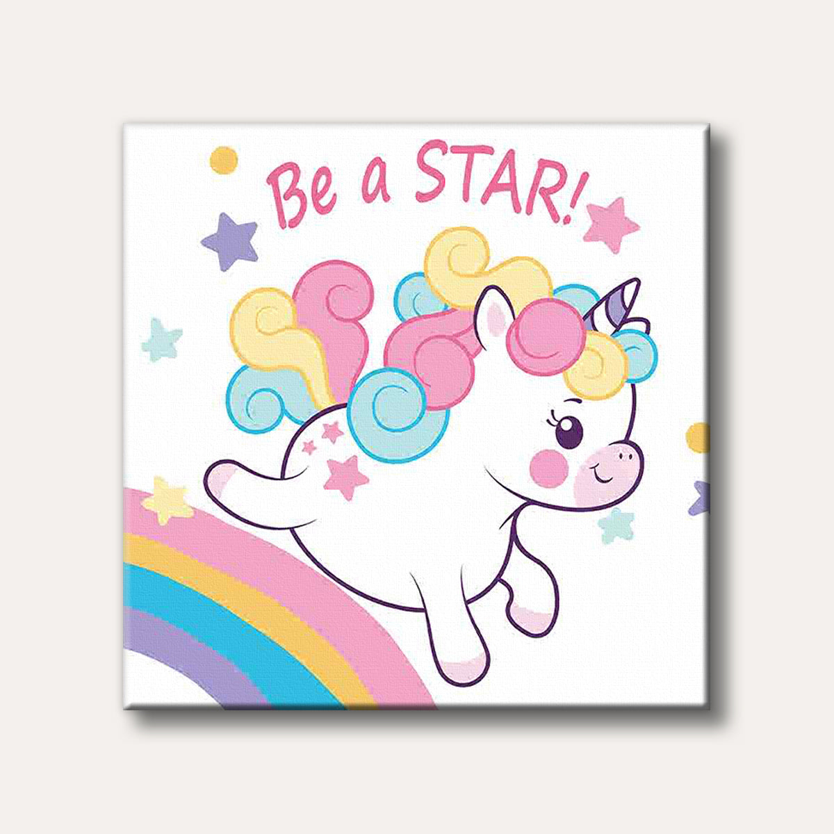 A cheerful white cartoon unicorn with a rainbow mane, pink cheeks, and wings, flying above a pastel rainbow with stars in the background, in a whimsical, cute illustration style.
