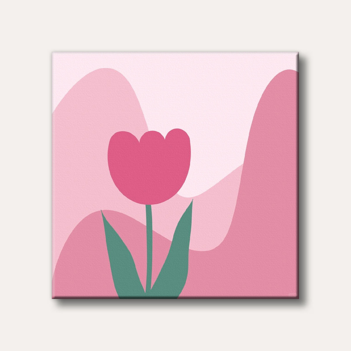 A stylized pink tulip with green leaves stands against a backdrop of flowing pink abstract shapes, rendered in a minimalist and cheerful style.