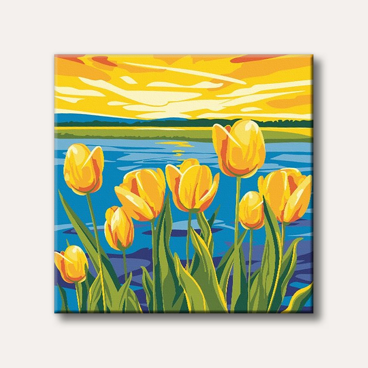 A vibrant, stylized painting of bright yellow tulips in the foreground, set against a serene blue lake and an orange and yellow sunset sky.