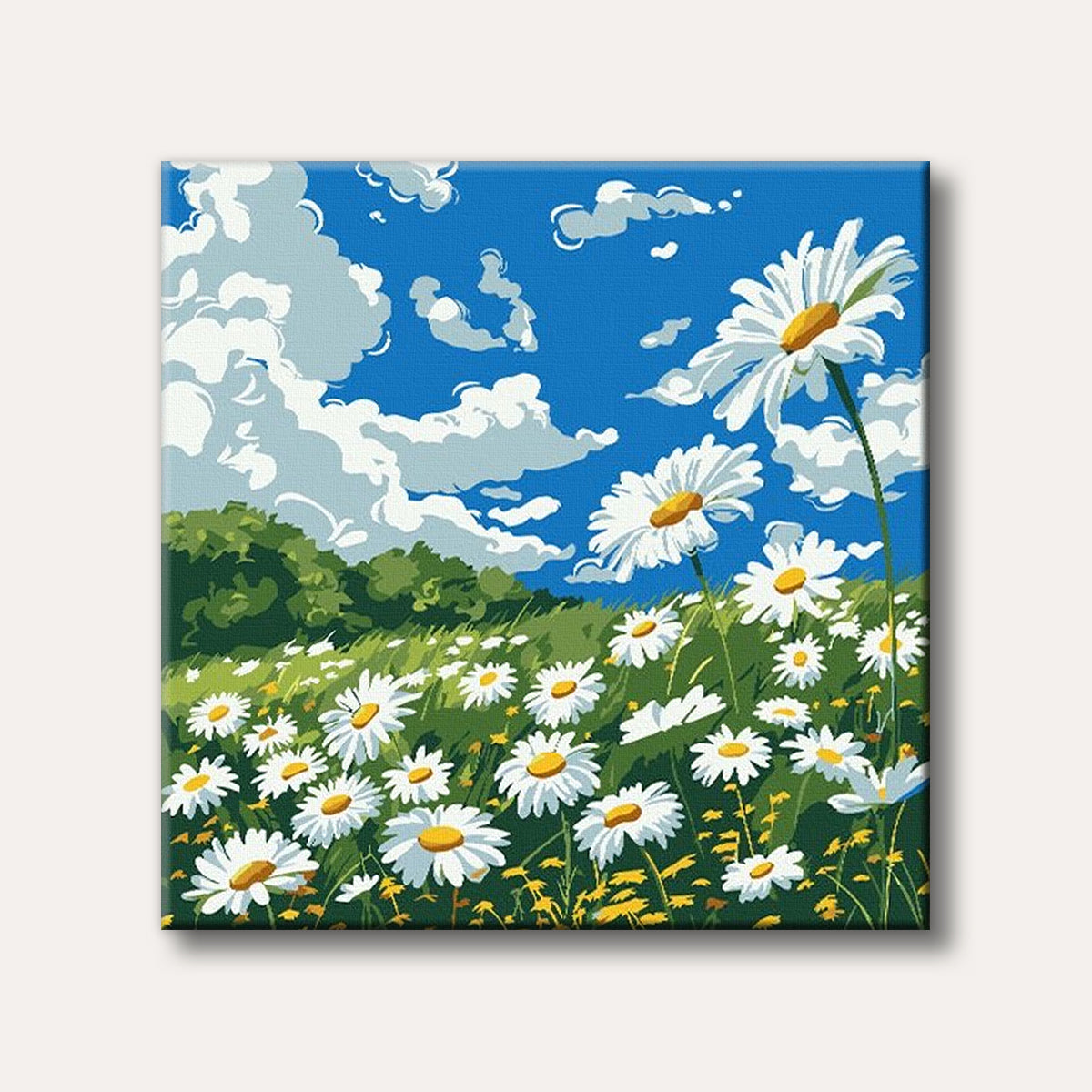 A bright, illustrative painting of a field of white daisies under a vivid blue sky with fluffy white clouds, evoking a cheerful spring or summer day.