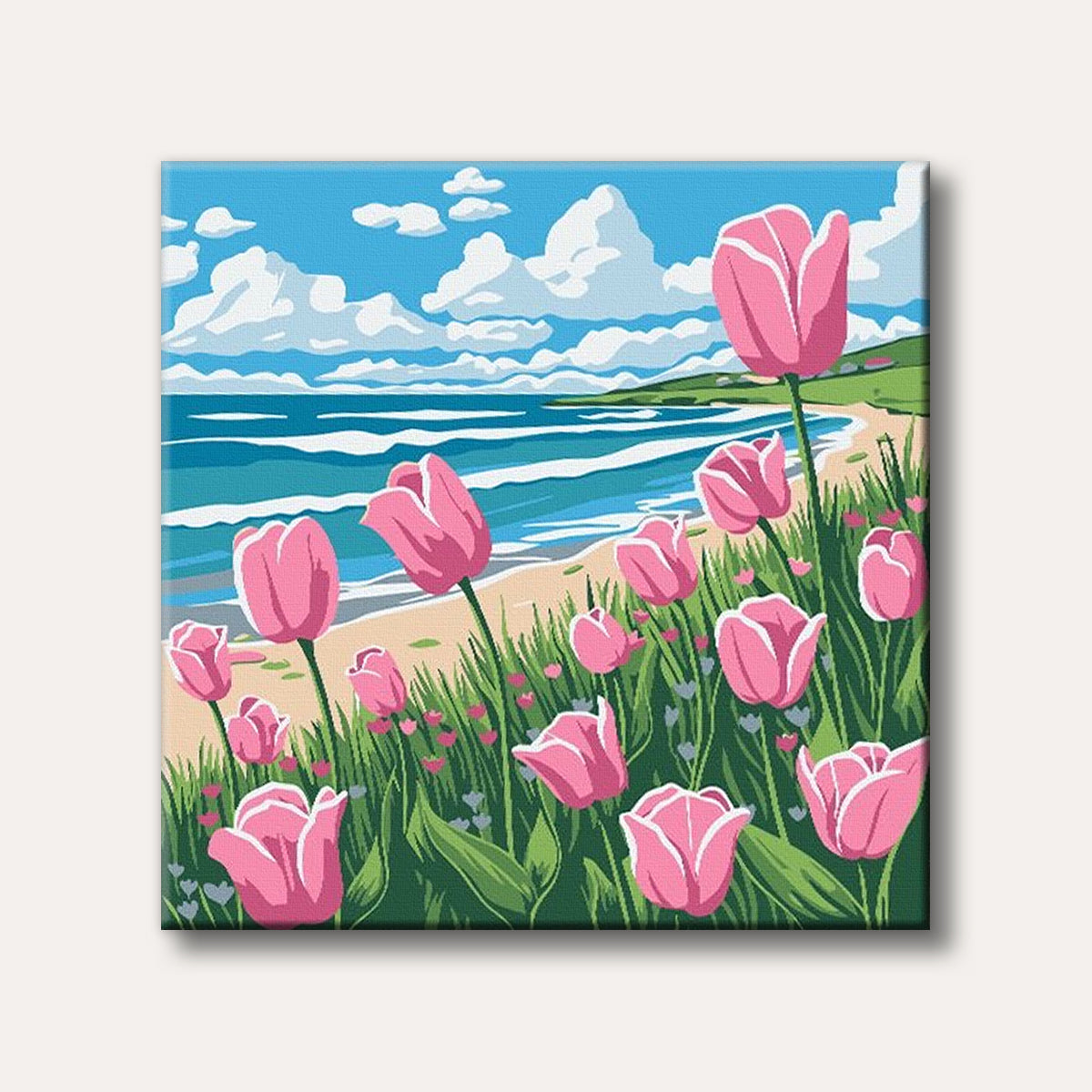 A vibrant illustration of pink tulips blooming in the foreground with a sandy beach and blue ocean under a cloudy sky in the background, depicted in a modern, stylized art style.