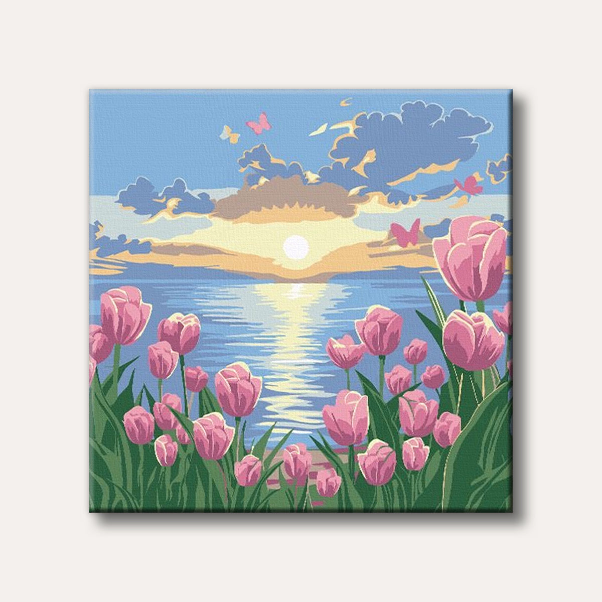A serene landscape painting featuring vibrant pink tulips in the foreground with a golden sunset over a calm body of water in the background, illustrated in a clean, graphic style.