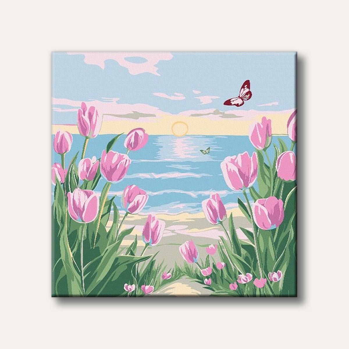 A peaceful scene featuring vibrant pink tulips framing a view of a tranquil ocean at sunrise or sunset, with a butterfly fluttering in the sky, rendered in a simplified, colourful style.
