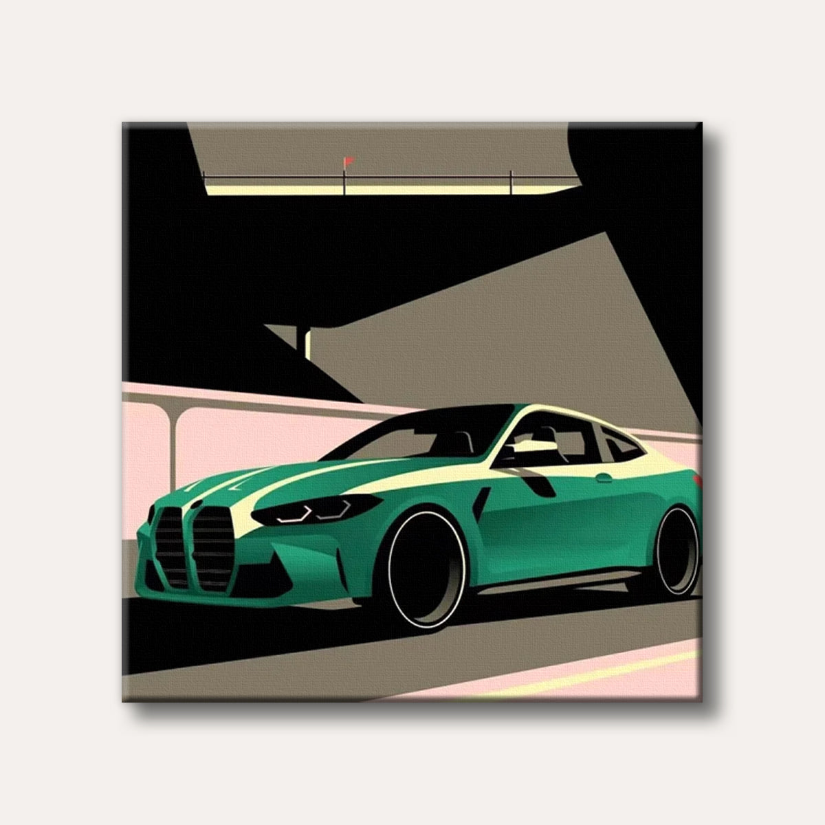 A sleek teal-green sports car with cream stripes is depicted in a stylized, modern graphic art style, set against an abstract background of dark and light shapes.
