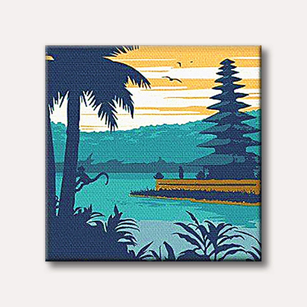 A graphic style painting of a tropical landscape featuring a multi-tiered temple, palm trees, and a monkey beside calm water under an orange and blue sunset sky, evoking a peaceful and exotic mood.