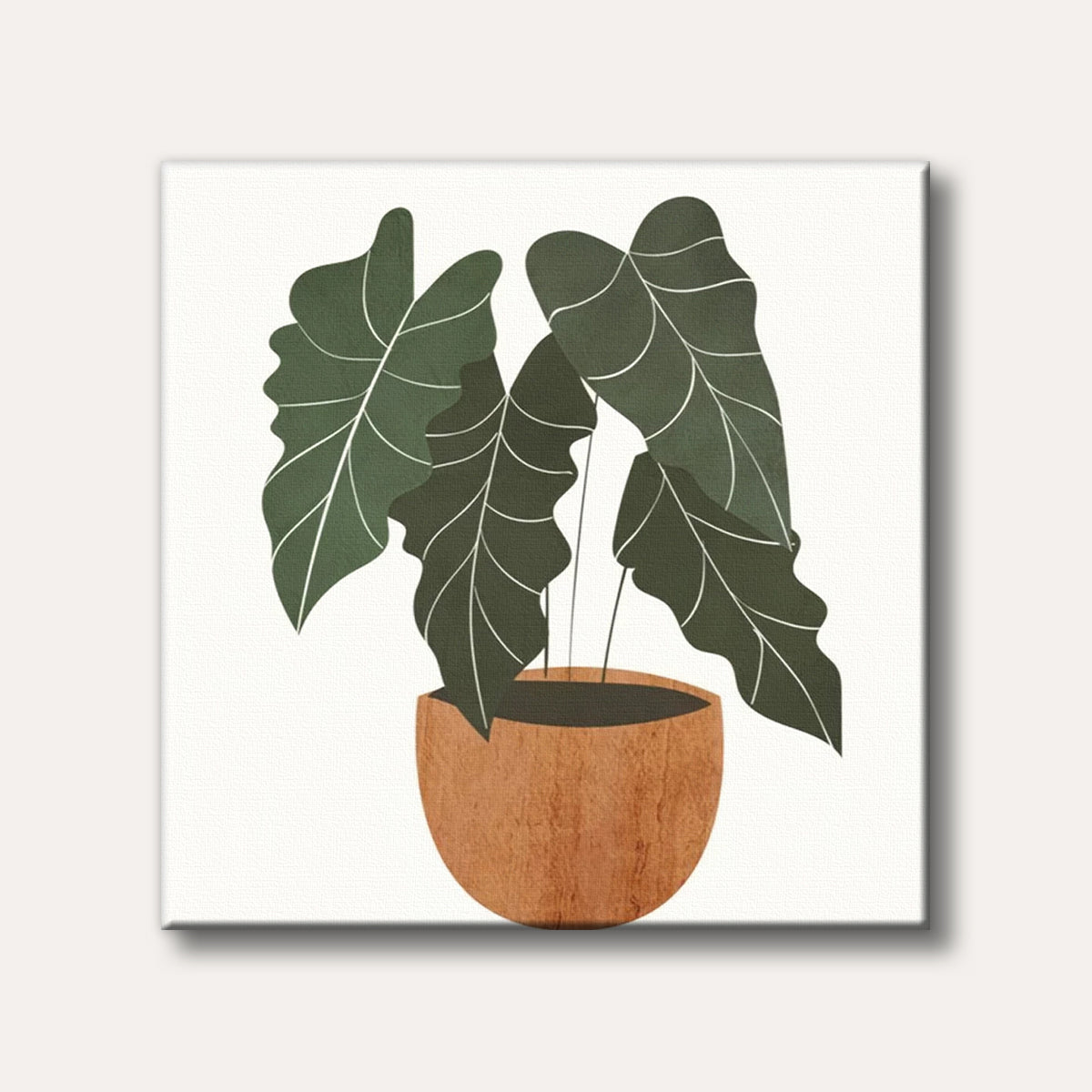 A minimalist illustration of a large-leafed dark green houseplant in a textured brown pot against a clean white background.