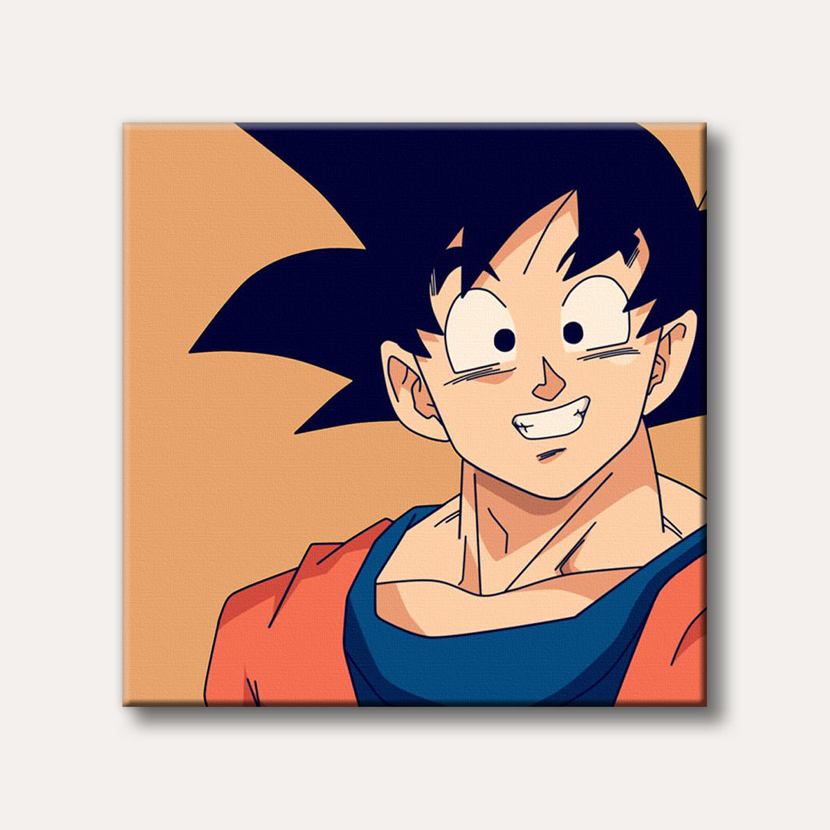 A vibrant illustration of Goku from Dragon Ball Z, smiling brightly with his spiky black hair and orange gi, set against a simple beige background in a stylized anime art style.