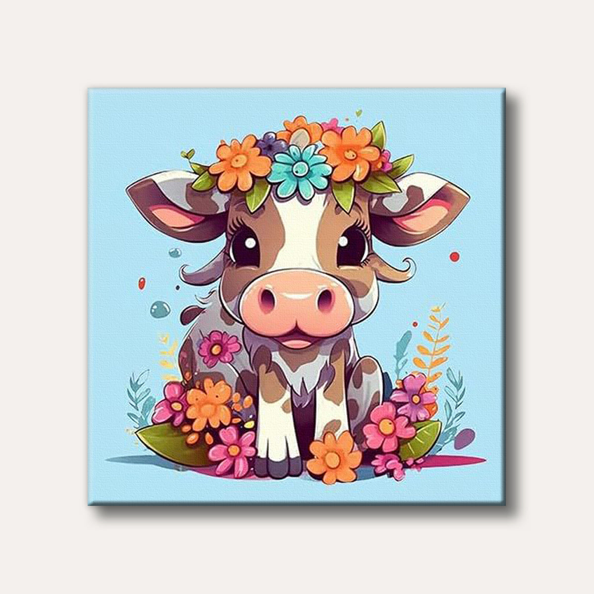 A charming cartoon baby cow wearing a vibrant flower crown, sitting among colourful blossoms on a light blue background, rendered in a cute and whimsical style.